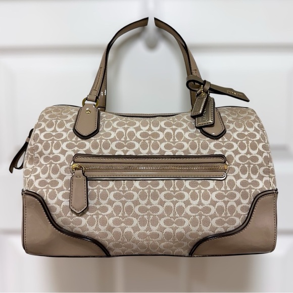 Coach Handbags - Coach Poppy Signature East West Satchel Champagne Tan Patent Leather